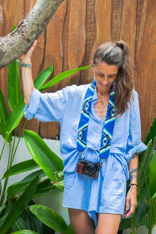 Bandoulière brodée Nouméa tons bleus et blanc