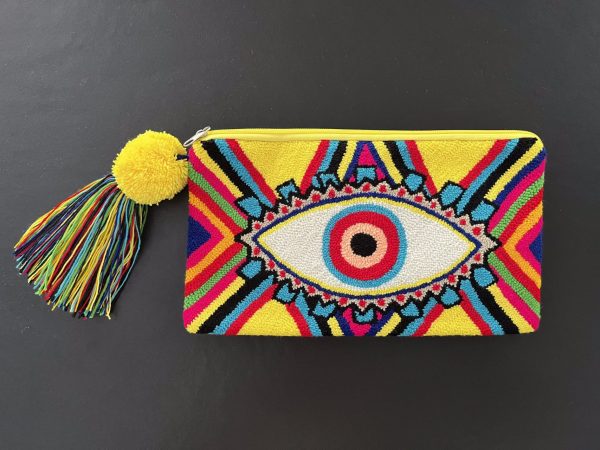 Grande pochette brodée à la main multicolore avec un motif oeil
