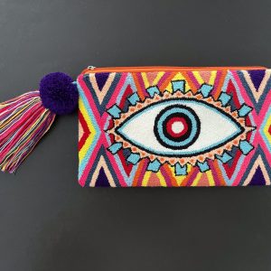 Grande pochette brodée à la main multicolore avec un motif oeil