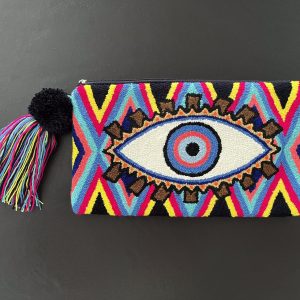 Grande pochette brodée à la main multicolore avec un motif oeil