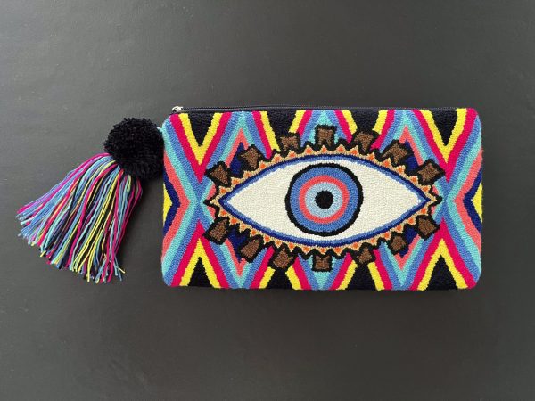Grande pochette brodée à la main multicolore avec un motif oeil