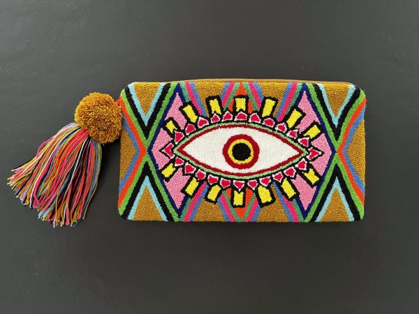 Grande pochette brodée à la main multicolore avec un motif oeil