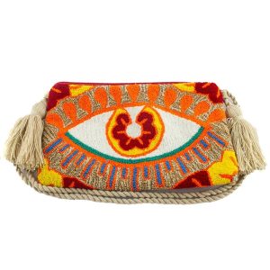 Pochette multicolore avec un motif oeil et une anse beige