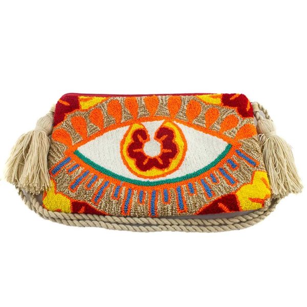 Pochette multicolore avec un motif oeil et une anse beige