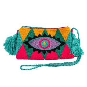 Pochette colorée avec un motif oeil brodé à la main et une anse bleu ciel