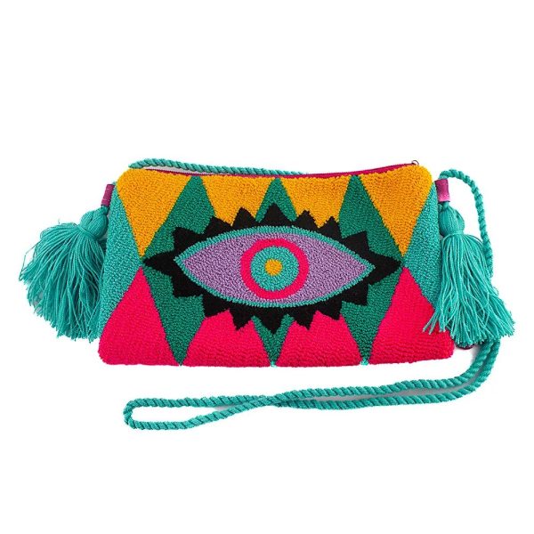 Pochette colorée avec un motif oeil brodé à la main et une anse bleu ciel