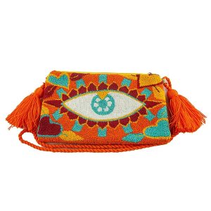 Pochette multicolore avec un motif oeil et une anse orange