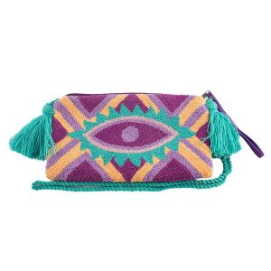 Pochette multicolore avec un motif oeil et une anse bleu ciel