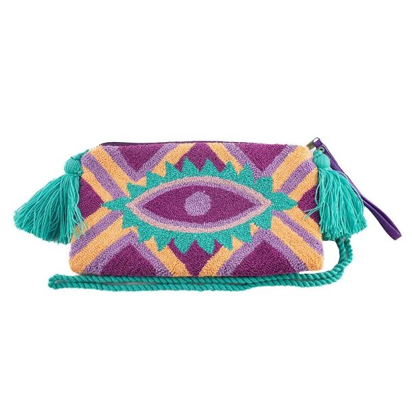 Pochette multicolore avec un motif oeil et une anse bleu ciel