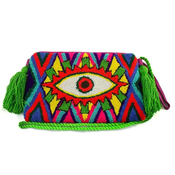 Pochette multicolore avec un motif oeil et une anse verte